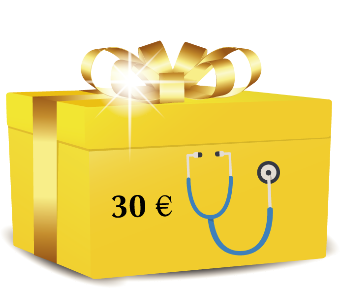 pacchetto dono giallo e nastro dolorato su cui c la scritta 30,00 euro e lillustrazione di uno stetoscopio.